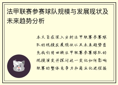 法甲联赛参赛球队规模与发展现状及未来趋势分析