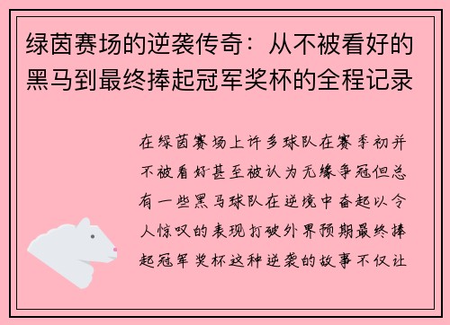 绿茵赛场的逆袭传奇：从不被看好的黑马到最终捧起冠军奖杯的全程记录