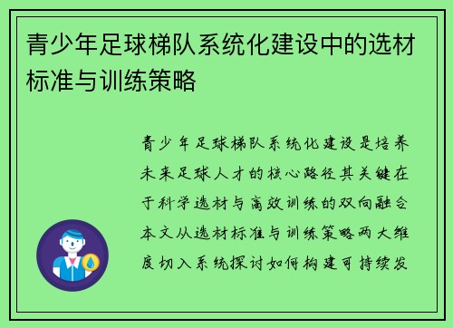 青少年足球梯队系统化建设中的选材标准与训练策略